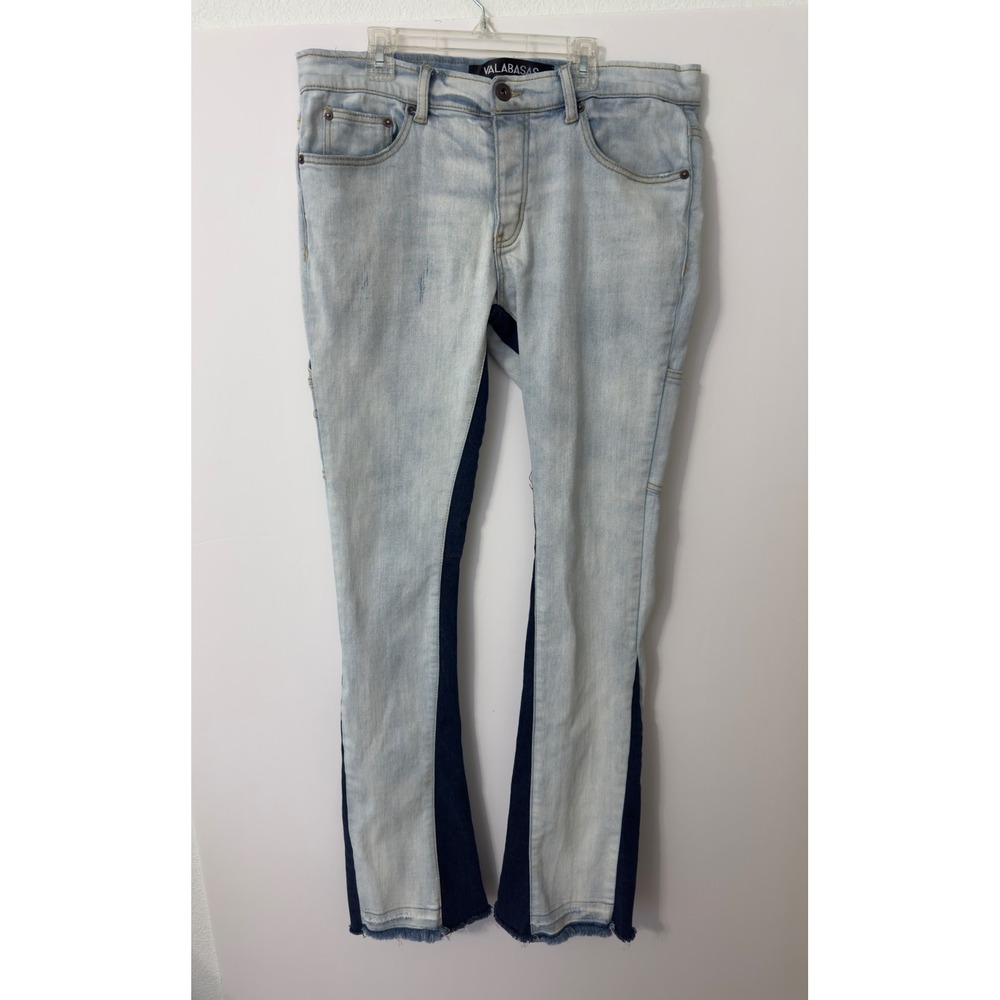 Valabasas Mens Two Tone Paneled Flare‎ Jeans Light Wash Blue Indigo Streetwear